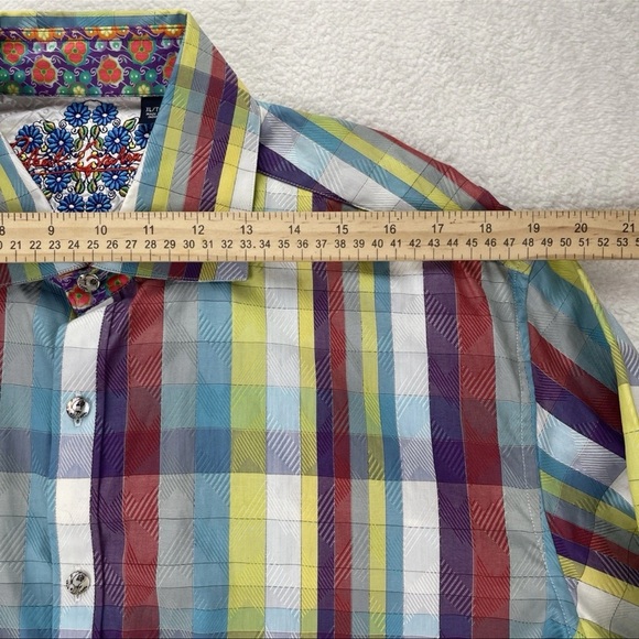 Robert Graham Shirt Mens XL Floral Orange Gingham Multicolored Flip Cuff Button - Picture 12 of 12